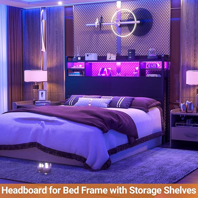 Aheaplus Headboard for Queen Size Bed with Storage, Headboards with LED Light, Power Outlets, USB Ports Queen Size Head Board, Wood headboard Only Sturdy and Stable Headboards, Modern, Black