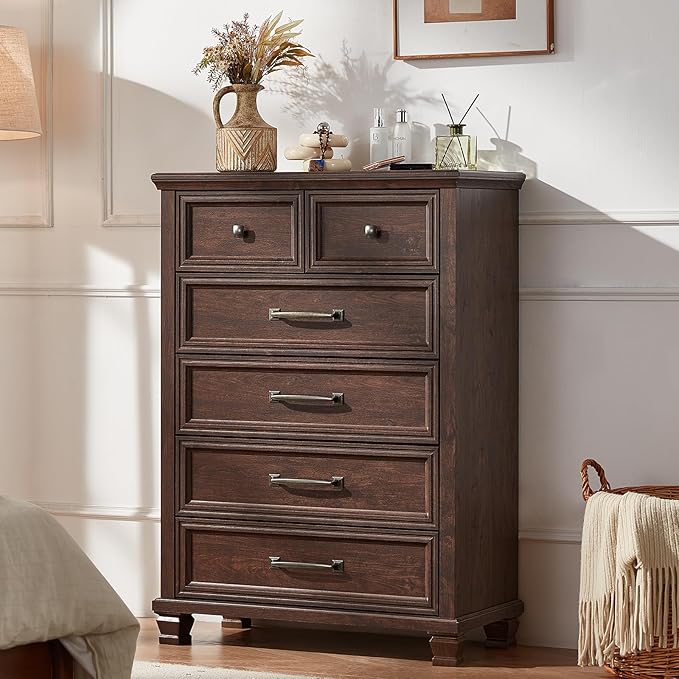 Farmhouse 6 Drawer Dresser for Bedroom, 45 Inch Tall Vintage Wood Chest of Drawers, Rustic Dressers w/Square Wooden Legs, Mid-Century Storage Organizer for Living Room, Hallway, Walnut