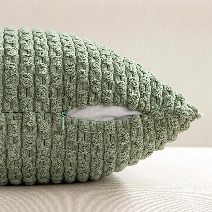 MIULEE Throw Pillow Covers Soft Corduroy Decorative Set of 2 Boho Striped Pillow Covers Pillowcases Farmhouse Home Decor for Couch Bed Sofa Living Room Spring 16x16 Inch Sage Green