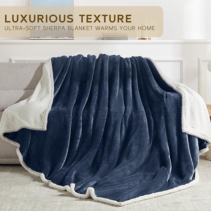BEAUTEX Sherpa Fleece Throw Blankets, Soft Fluffy Flannel Plush Blanket and Throw, Fuzzy Cozy Blue Cuddle Blankets for Couch Bed Sofa Adults (50" x 60", NavyBlue)