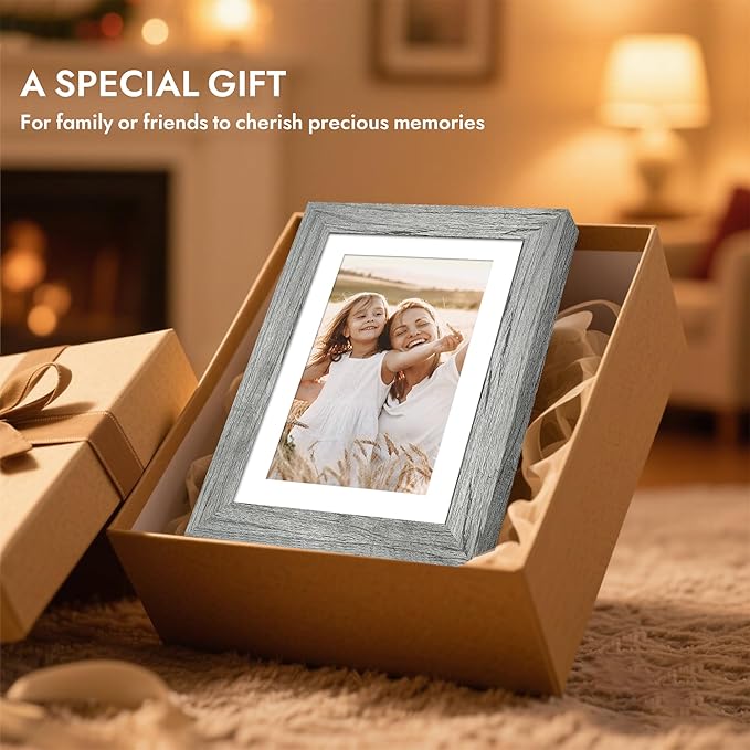 6x6 Picture Frame with Glass, Display Pictures 4x4 with Mat or 6 x 6 without Mat - Wall and Tabletop, 6 by 6 Photo Wooden Frames (Grey, 1 Pack)