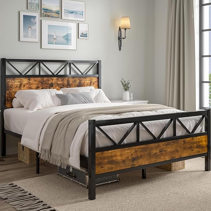 Full Size Bed Frame with Headboard, Industrial 51.2" Tall Headboard, Full Size Platform Bed Frame with Heavy Duty Metal Slats Support, No Box Spring Needed, Noise-Free, Easy Assembly, Rustic Brown