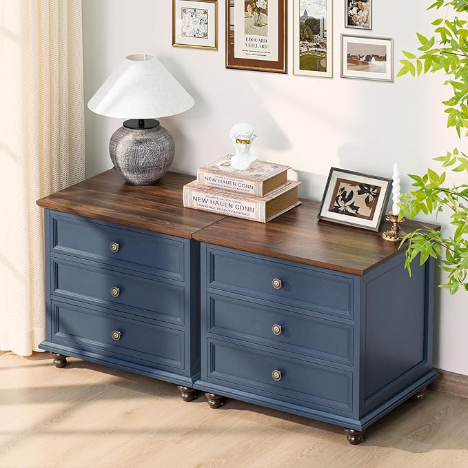 24" Wide Farmhouse Night Stand,Large End Table with 3 Drawers & Metal Handle,Navy Blue Dresser for Bedroom, Wood Bed Side Table Chest of Drawers, Nightstand Cabinet for Living Room,Closet