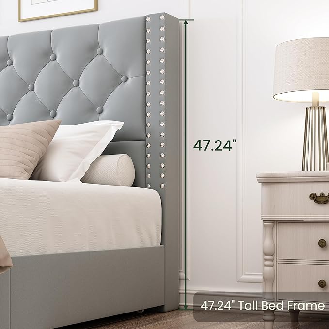 Queen Size Bed Frame Upholstered Platform Bed with 4 Storage Drawers and Tufted Headboard Velvet Bed Frame with Heavy Duty Wood Slats, No Box Spring Needed, Easy Assembly, Bluish Grey