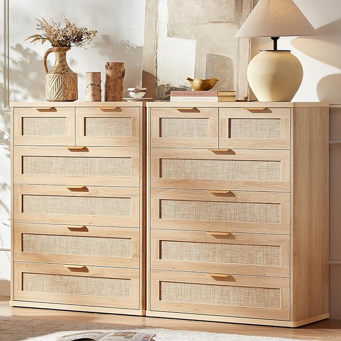 LEYAOYAO Rattan Dresser for Bedroom Set of 2, 41" Tall Chest of Drawers, Modern 6 Drawers Boho Dressers with Storage, Light Oak Dresser Wooden Closet Organizer for Living Room, Hallway, Natural Wood