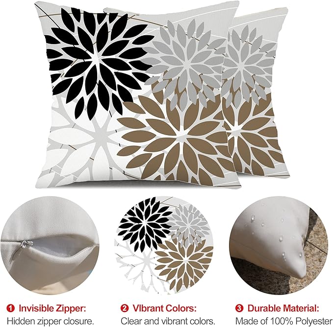 DFXSZ Outdoor Throw Pillow Covers 18x18 Inch Set of 2 Waterproof Spring Summer Geometric Elegant Black Brown Outdoor Pillow Covers for Patio Funiture Garden Couch 158G18
