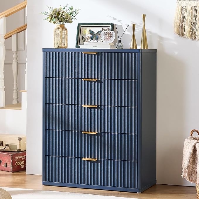LEYAOYAO Fluted 5 Drawers Dresser for Bedroom, 41" Tall Modern Chest of Drawers with Metal Handle, Curved Profile Design,Navy Blue Wood Drawer Organizer for Bedroom, Living Room, Hallway, Entryway