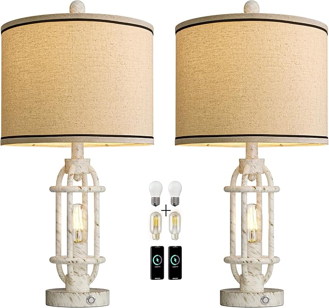 23.75'' Table Lamps Set of 2 for Living Room Bedroom Industrial Farmhouse Metal Touch Lamps with USB A+C Ports, Night Light Vintage Nightstand Bedside Lamp, Bulbs Included, White