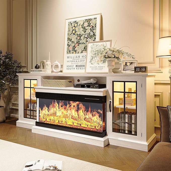 MXV 70'' Fireplace TV Stand, Farmhouse Entertainment Center with 3 Sided Glass TV Stand, Modern Media Console Table with Storage Drawers & Cabinets with LED Flame and Lights for Living Room, White