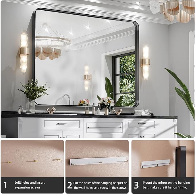 Hasipu Black Bathroom Mirror 50x40 Inch Rounded Rectangle Vanity Mirror Metal Framed Wall Mirrors Anti-Rust Surface Mount (Horizontal/Vertical)