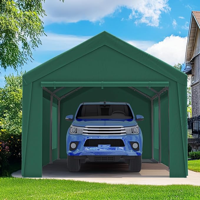 Quictent 10x20 ft Heavy Duty Carport Galvanized Car Canopy Tent Outdoor Garage Boat Shelter with Reinforced Structure with Roll-up Ventilated Windows Sidewall - Green