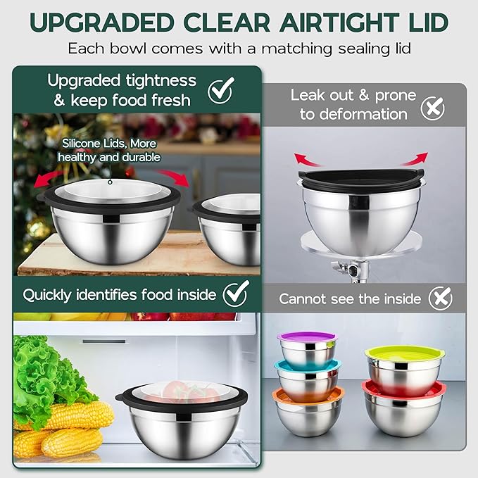 Stainless Steel Mixing Bowls with Black Lids, Metal Nesting Mixing Bowl Set of 5 - Size 1.5, 2, 2.6, 3.5, 4.6QT