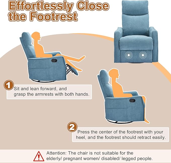 Manual 360° Swivel Rocker Recliner Chair for Adults, Overstuffed Glider Chair for Nursery with Vibration Massage and Heat, Comfy Soft Fabric Glider with Side Pockets for Living Room, Blue