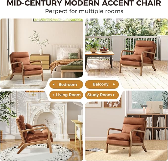 Phoenix Home Accent Chair Set of 2 Mid Century Lounge Chair PU Leather, Upholstered Reading Armchair with Lumbar Pillow & Solid Wood Frame for Office, Living Room Bedroom, Balcony, Brown