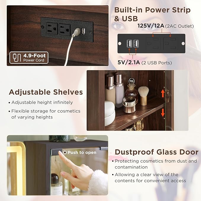 T4TREAM 48" Fluted Makeup Vanity Desk with Large 36" Mirror and Lights, Modern Glass Top Big Vanity Table w/5 Drawers & Adjustable Shelves, Dressing Table w/Charging Station for Bedroom, Dark Walnut