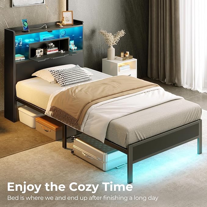 Rolanstar Twin Bed Frame with Headboard, LED Bed with Bookcase Storage and Charging Station, Metal Platform Bed with Glass Shelves, No Box Spring Needed, Noise-Free, Black