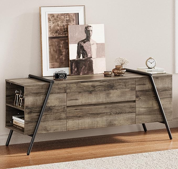GarveeHome 55" Modern TV Stand, Entertainment Center with 2 Drawers, Adjustable Shelves, U-Shaped Metal Legs, Farmhouse Wooden TV Console for Living Room and Bedroom, Oak