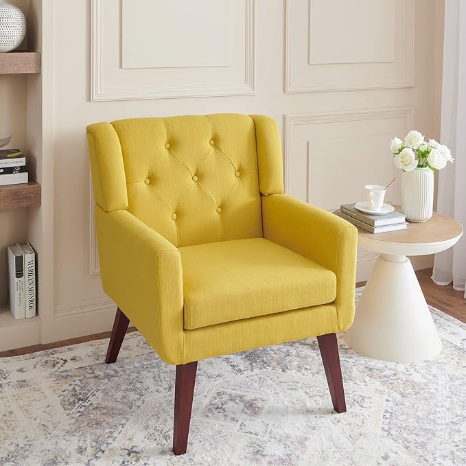 Accent Chair Button-Tufted Upholstered Living Room Chairs Comfy Reading Chair Mid Century Modern Chair with Linen Fabric Lounge Arm Chairs for Living Room Bedroom (Yellow Set of 2)