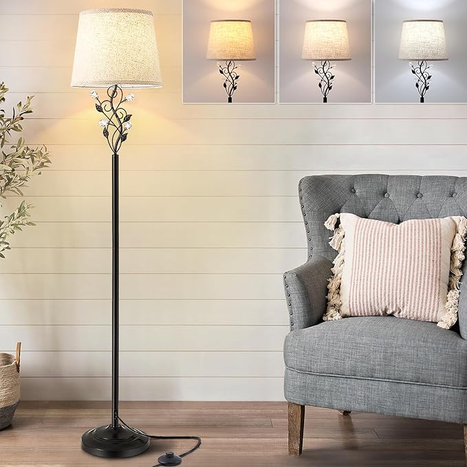 Sheeta 65’’ Floor Lamps for Living Room with 3 Color Temperatures LED Bulb, Standing Lamp Tall Farmhouse Floor Lamp with Rustic Leaf Design, Tall Lamps for Living Room Bedroom Office Reading, Black