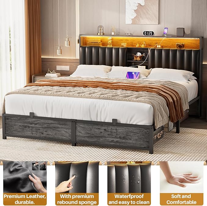Aheaplus King Bed Frame with Charging Station & Led Lights, Platform Bed with Leather Upholstered Headboard and Storage, Metal Slats Support, No Box Spring Needed, Noise-Free, B6, Black Oak