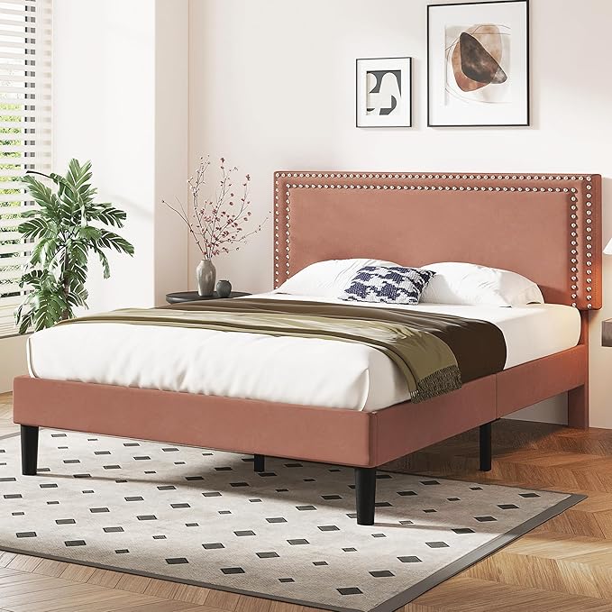 VECELO Full Size Bed Frame with Adjustable Upholstered Headboard, Wooden Slats Platform, Noise-Free Design, Easy Assembly
