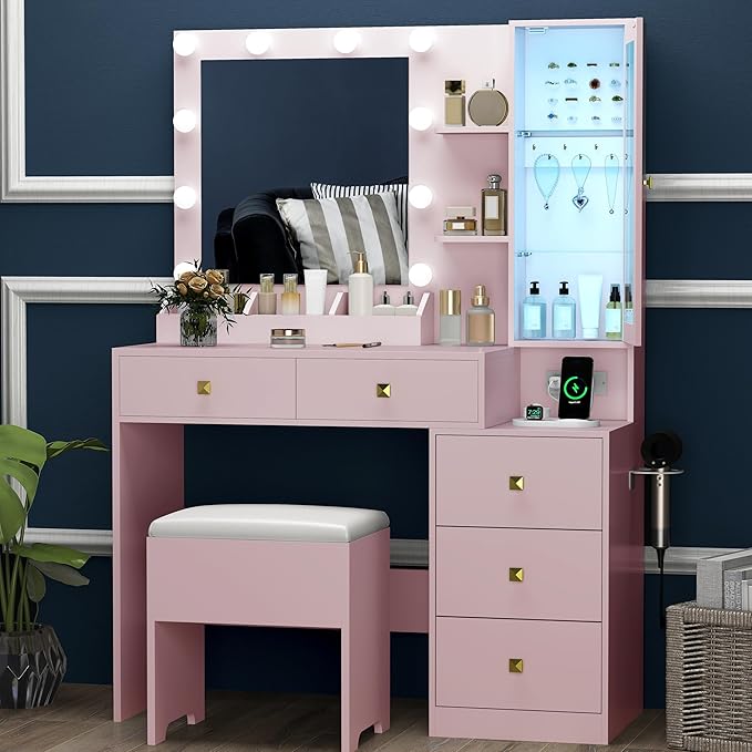 Vanity Desk with Mirror and Lights,Makeup Table with Charging Station & RGB Storage Cabinet,Large Drawer & Storage Shelves,5 Drawer,Bedroom Dressing Table, Pink