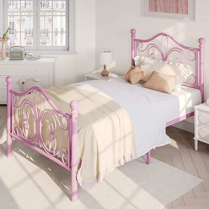 SHA CERLIN Twin Size Bed Frame for Kids,Metal Bed Frame with Butterfly Pattern Design Headboard and Footboard,No Box Spring Needed,Easy Assembly,Pink