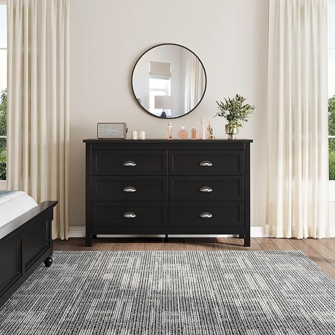 Black Dresser for Bedroom, Farmhouse 6 Drawer Double Dresser with Vintage Antique Handles, Modern Dressers and Chest of Drawers for Bedroom