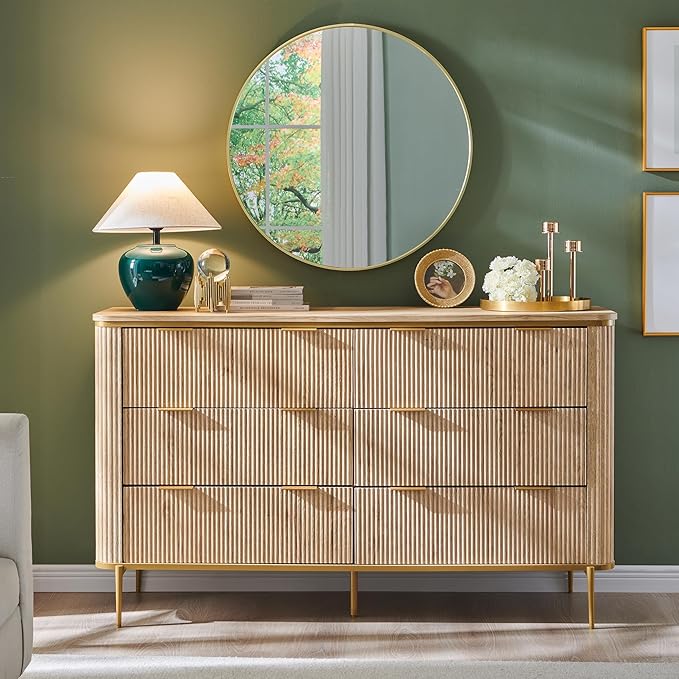 T4TREAM 6-Drawer Dresser Fluted Design, with Gold Accents (Natural Oak)