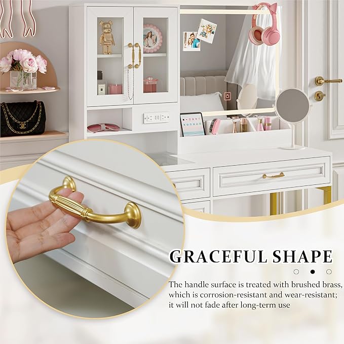 Makeup Vanity Desk with Mirror and Lights - Vanity Table Set with Glass Top Storage Drawer and Bench for Bedroom, in White and Gold