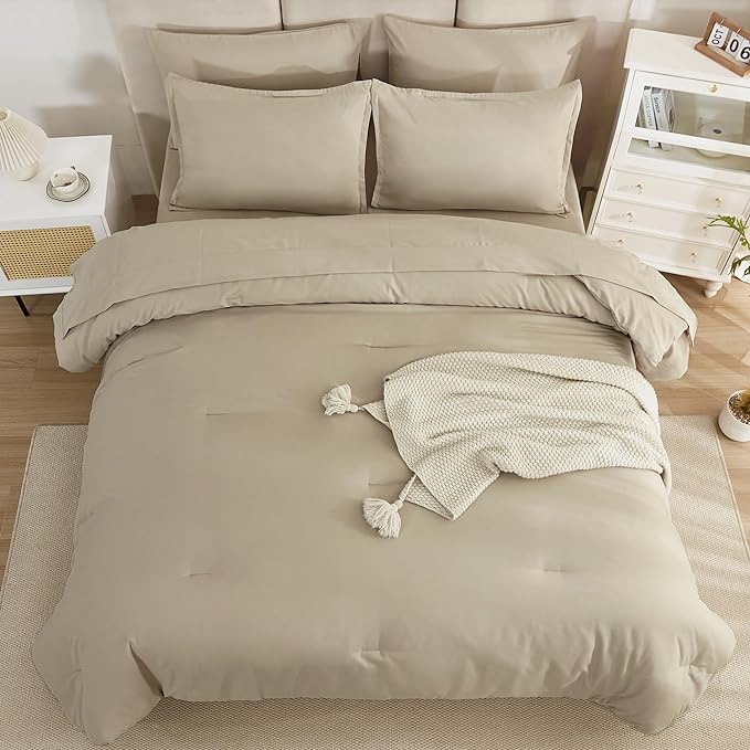 Litanika Comforter California King Size Set Khaki - 7 Pieces Bed in a Bag California King Bedding Comforter Sets, Plain Lightweight Bed Set with Comforter, Sheets, Pillowcases & Shams