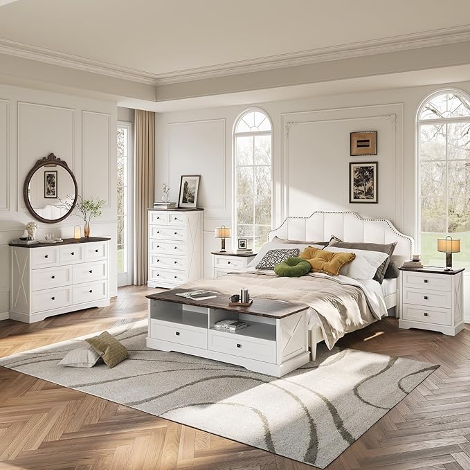 Farmhouse 3 Drawers Dresser for Bedroom, Rustic Small Chest of Drawers with Charging Station, Wood Closet Organizers, White Modern Tall Nightstand/End Table for Bedroom, Living Room, Entryway