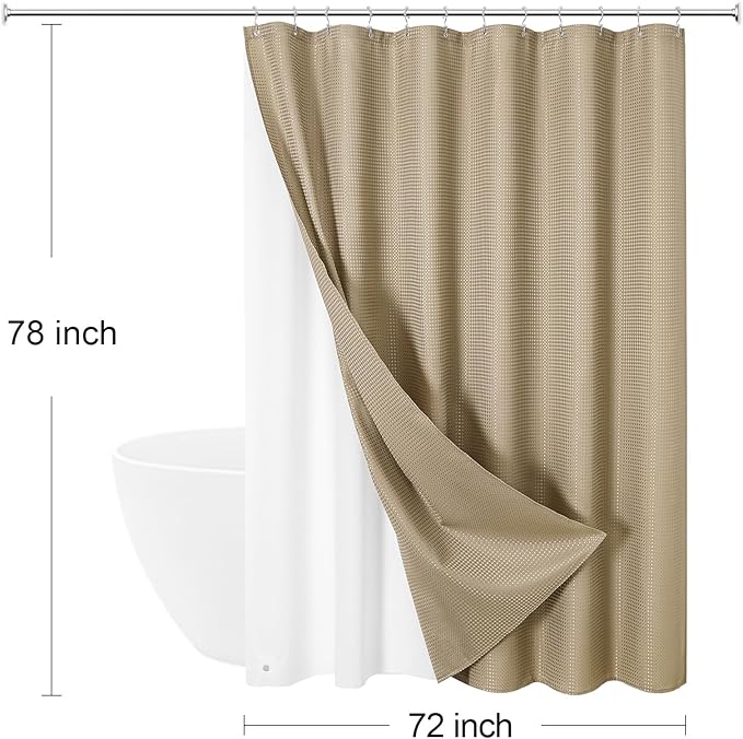 3 in 1 Long Beige Shower Curtain Set-72 W x 78 H, Tan Waffle and PEVA Liner Set with 12 Stainless Steel Hooks, Waterproof Fabric for Bathroom