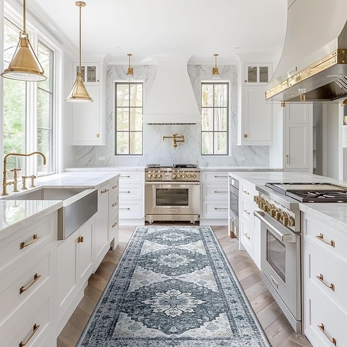 Area Rugs 2'x8' Washable Non-Slip, Floral Vintage Distress Print Pattern Medallion Carpet for Living Room Bedroom Dining Room, Light Gray Grey White