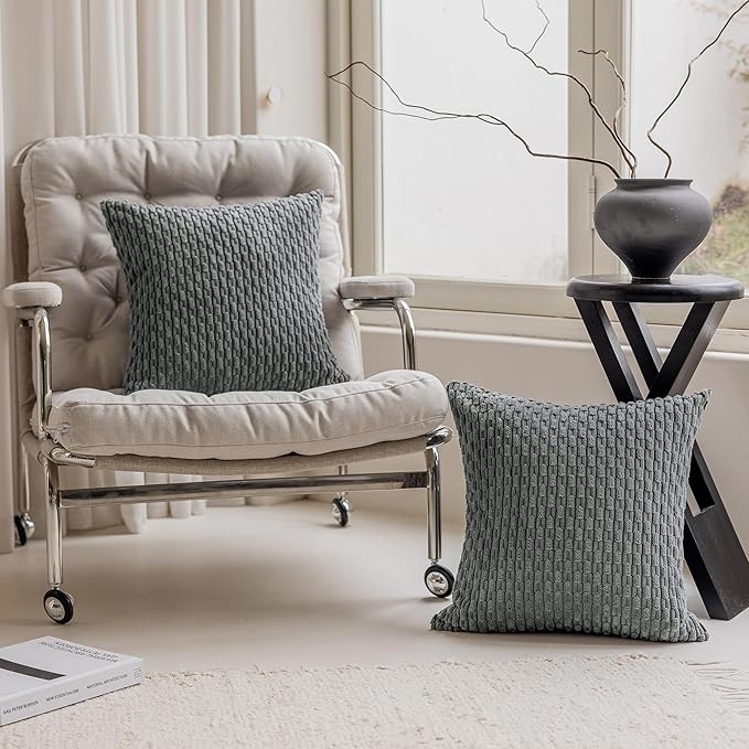 Kevin Textile Set of 2 Soft Striped Velvet Decorative Pillows Covers 16x16 Inch Boho Cushion Covers for Couch 40x40cm Dark Grey