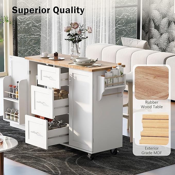 Rolling Mobile Kitchen Island Cart Cabinet with Internal Storage Rack, 3 Drawers and 2 Slide-Out Shelves for Dining Room