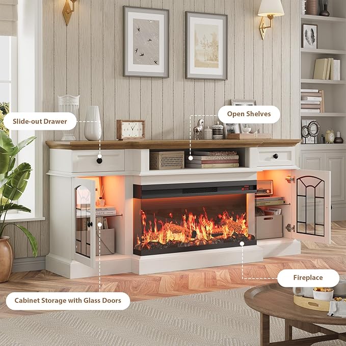 QUW 70" Farmhouse Fireplace TV Stand for TVs up to 80", Entertainment Center with 36" 3-Side Glass Electric Fireplace with Open Shelf and Cabinet, TV Console for Living Room, Antique White