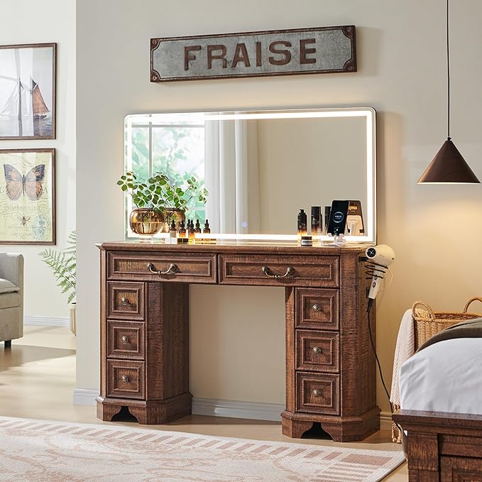 Vanity Desk with Mirror and Lights, 48'' LED Lights Farmhouse Makeup Vanity with 8 Drawers, Vanity Table with 3 Color Modes, Dressing Table with Glass Top and Power for Bedroom(Reclaimed Barnwood)