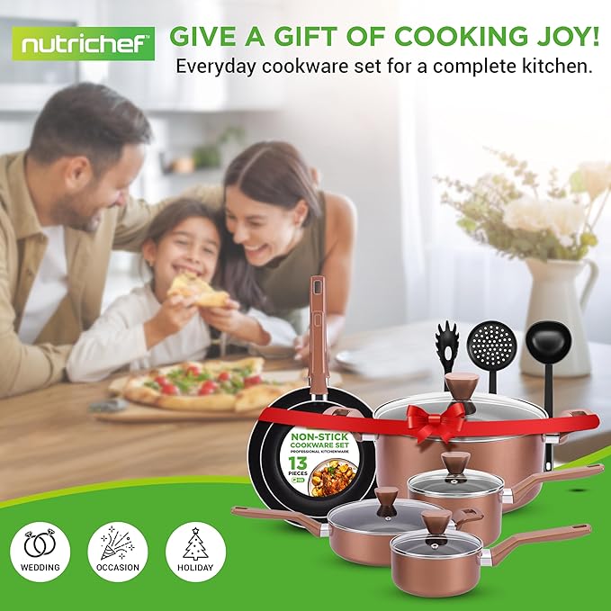 NutriChef 13-Piece Nonstick Kitchen Cookware Set-PTFE/PFOA/PFOS-Free Heat Resistant Kitchen Ware Pots Pan Set w/ Saucepan,Frying Pans,Cooking Pots,Casserole,Lids, Ladle,Fork, Strainer,Brown -NCCWA13BR