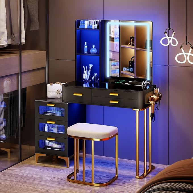 HNEBC Vanitys with HD Glass Display Table, Makeup Desk with Lighted Mirror and Charging Station, Dressing Table with RGB Lights,Jewelry Organizer,Cabinet,6Drawers,Chair for Women/Girls (Black)