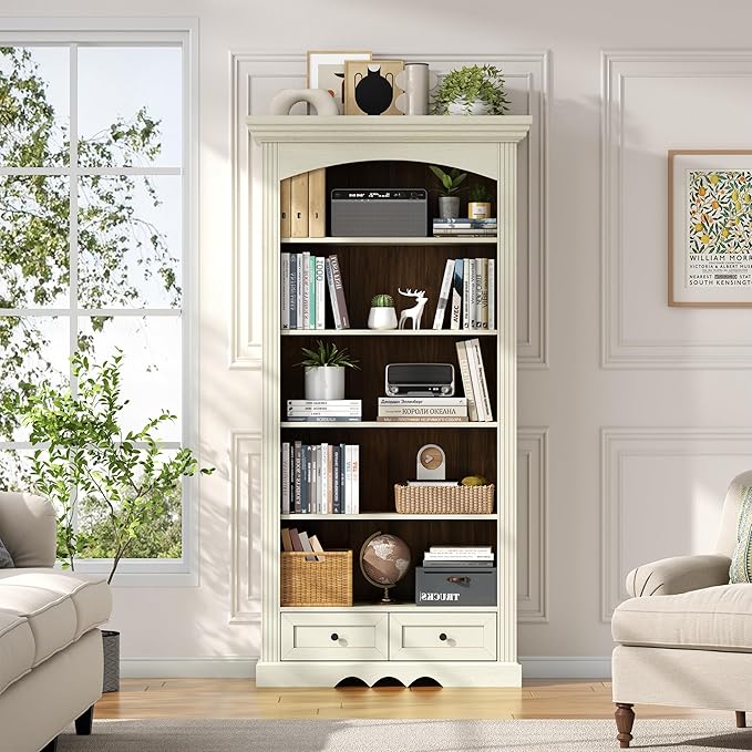 71’’ Tall Arched Bookcase with Stroage of 2 pcs, Farmhouse 5-Tier Arch Bookshelf with Drawers, Freestanding Book Shelf with Adjustable Shelf and Roman Column Pattern for Home Office (2, White)