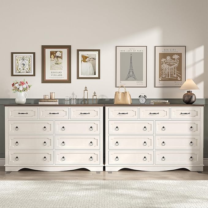 Maupvit 9 Drawer Dresser, 47" Wide Chest of Drawers for Bedroom, Farmhouse Dresser TV Stand with Large Drawers & Metal Handle, Wood Dressers for Living Room, Hallway, Entryway, Antique White