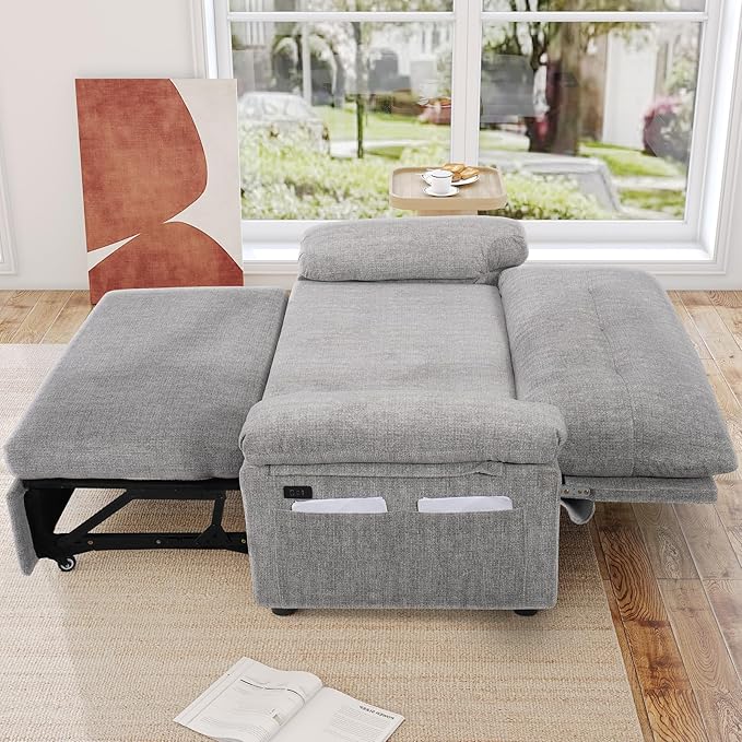 Vipbear 58" Convertible Sofa Bed, 3-in-1 Pull Out Sleeper Sofa with USB Ports & Adjustable Backrest, Loveseat with Side Pocket for Living Room, Apartment, Tool-Free Assembly, Chenile Light Grey