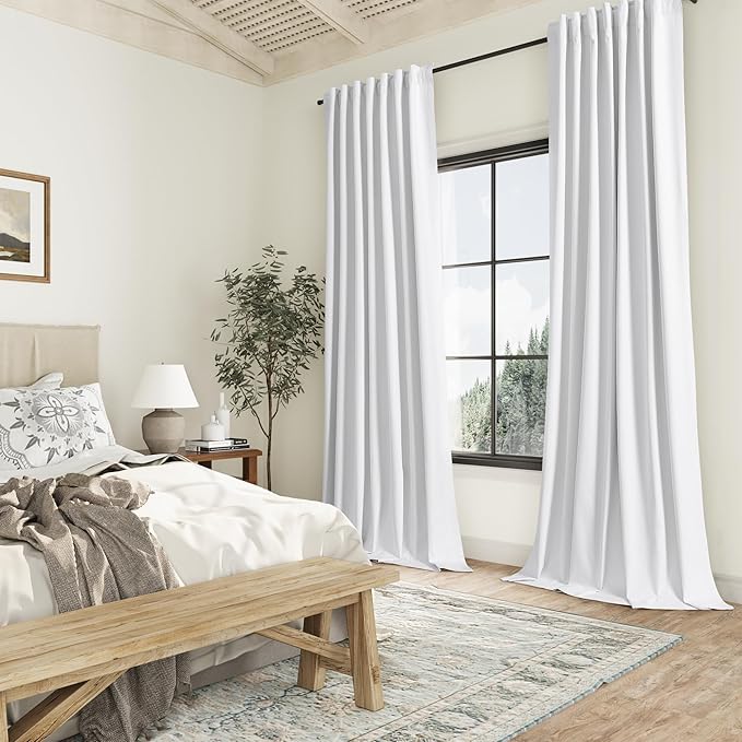 Guken White Linen Blackout Curtains 126 Inch Length 2 Panels Set for Living Room Bedroom Back Tab Thermal Insulated 100% Black Out Linen Drapes Room Darkening Window Curtains 126 Inches Long White