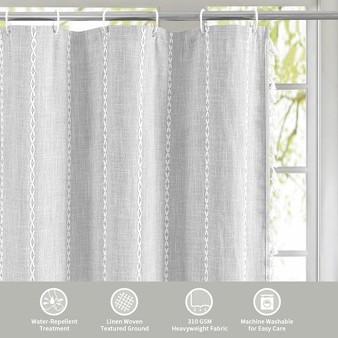 MitoVilla Boho Farmhouse Shower Curtains for Modern Farmhouse Bathroom Decor, Grey Country Thick Polyester Linen Fabric Shower Curtain, Rustic Tassel Cloth Shower Curtain, 72 x 72, Light Grey