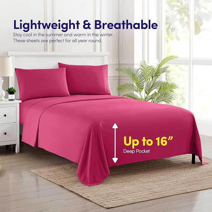 1500 Supreme Collection Twin XL Sheet Sets Fuschia - 3 Piece Bed Sheets and Pillowcase Set for Twin XL Mattress - Extra Soft, Elastic Corner Straps, Deep Pocket Sheets, Twin XL Fuschia