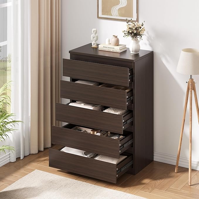 Modern Brown 5 Drawer Dresser for Bedroom, Simply Chest of Drawers, Wood Storage Dresser with Deep Drawers for Living Room Hallway Entryway, Brown