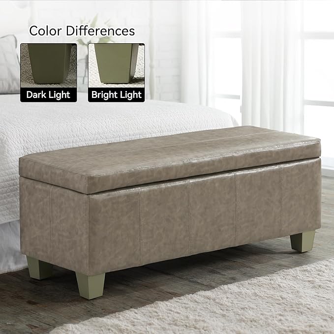 41" Faux Leather Storage Ottoman, Stitch Tufted Rectangle Upholstered End of Bed Storage Bench, Entryway Large Couch Ottoman with Wooden Legs,Grey
