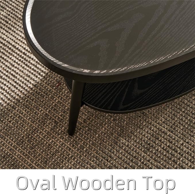 Saint Mossi Modern Black Coffee Table for Living Room, Mid-Century Oval Wood Coffee Table, Double Layer Center Table for Small Space, D47xW23.6xH15