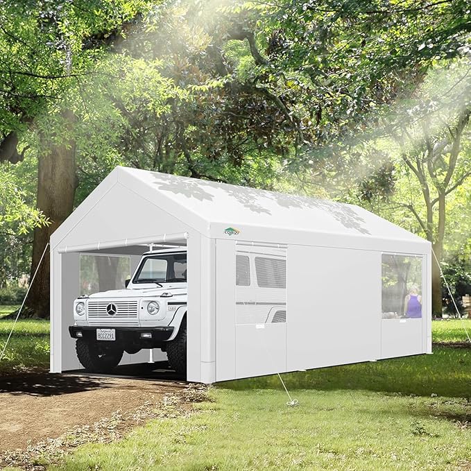 COBIZI Carport 12x20ft Heavy Duty Portable Garage, 2.0 Powder Coated Frame(Better Than Galvanized), Waterproof Shelter with Removable Sidewalls & Windows, Built-in Sandbags, for Car/Boat/SUV, White